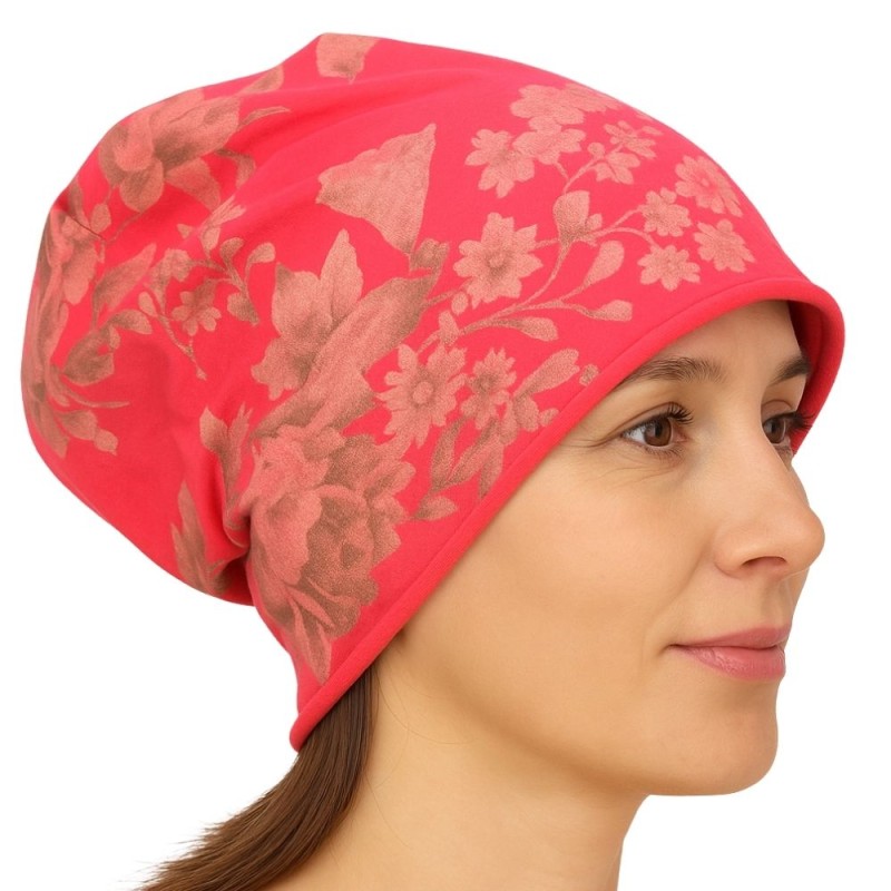 Czapka damska Beanie włoska cienka smerfetka różowa w kwiaty