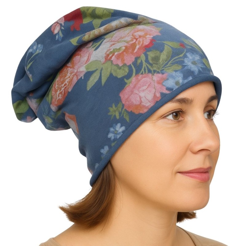 Czapka damska Beanie włoska cienka smerfetka niebieska w kolorowe kwiaty