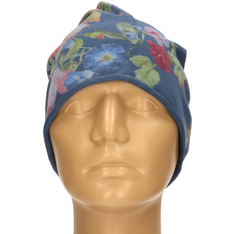 Czapka damska Beanie włoska cienka smerfetka niebieska w kolorowe kwiaty