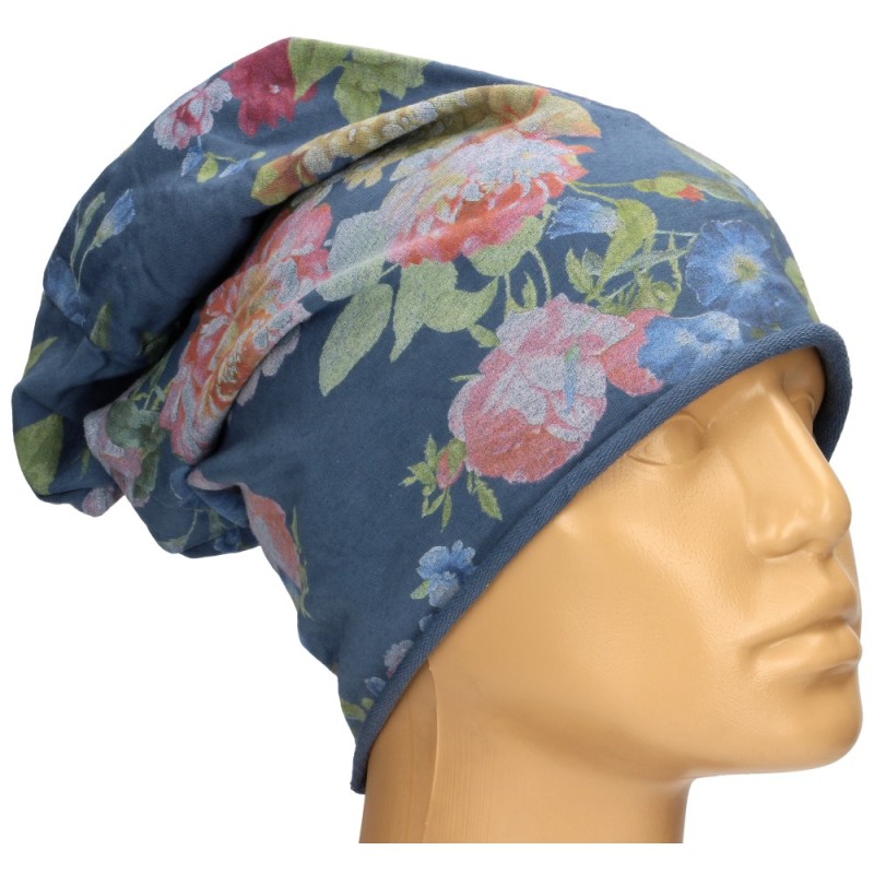 Czapka damska Beanie włoska cienka smerfetka niebieska w kolorowe kwiaty