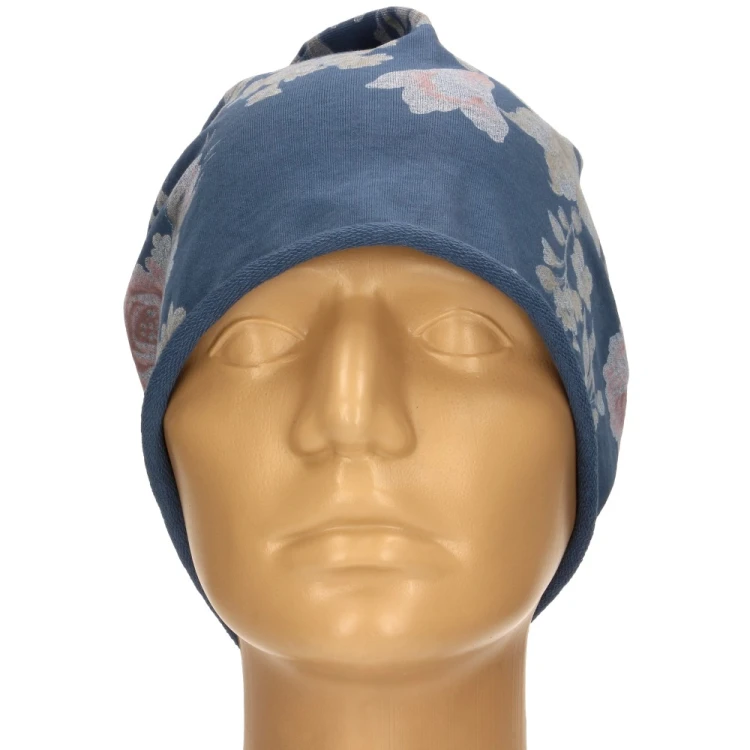 Czapka damska Beanie włoska cienka smerfetka ciemnoniebieska w kwiaty