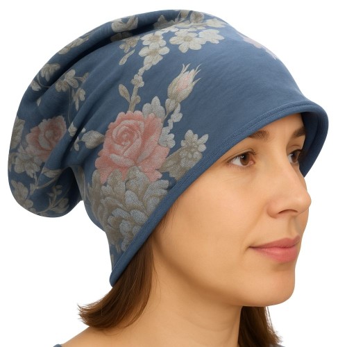 Czapka damska Beanie włoska cienka smerfetka ciemnoniebieska w kwiaty