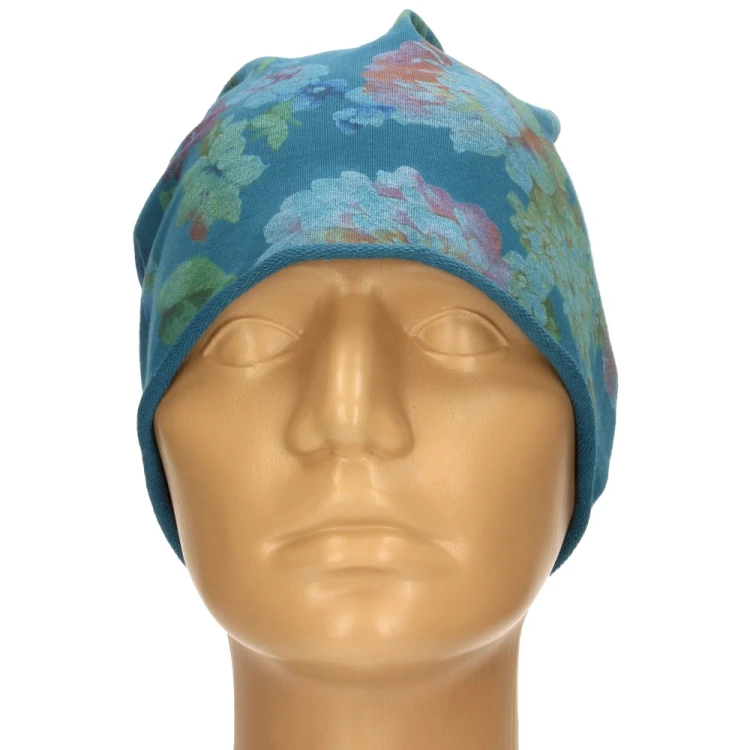 Czapka damska Beanie włoska cienka smerfetka morska w kolorowe kwiaty