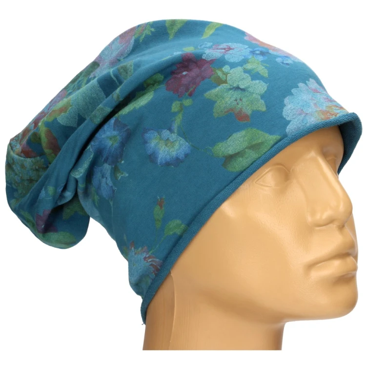 Czapka damska Beanie włoska cienka smerfetka morska w kolorowe kwiaty