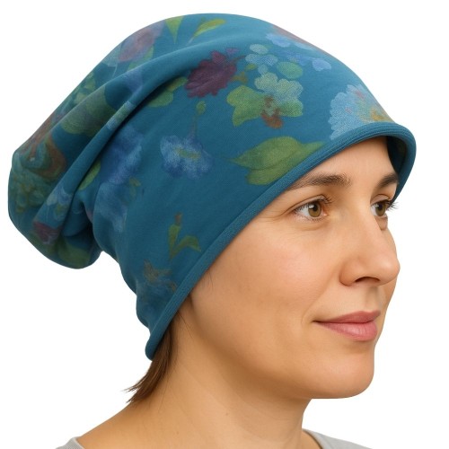 Czapka damska Beanie włoska cienka smerfetka morska w kolorowe kwiaty