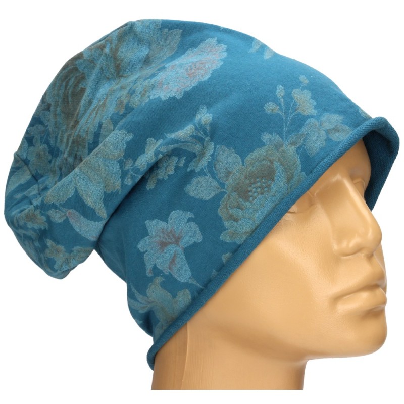 Czapka damska Beanie włoska cienka smerfetka morska w kwiaty