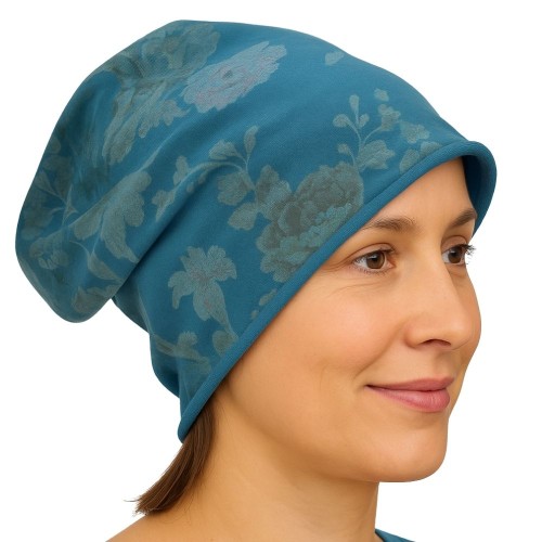 Czapka damska Beanie włoska cienka smerfetka morska w kwiaty