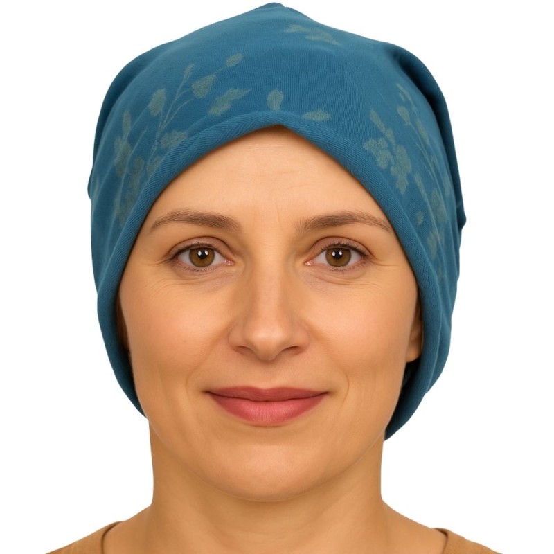 Czapka damska Beanie włoska cienka smerfetka morska w kwiaty