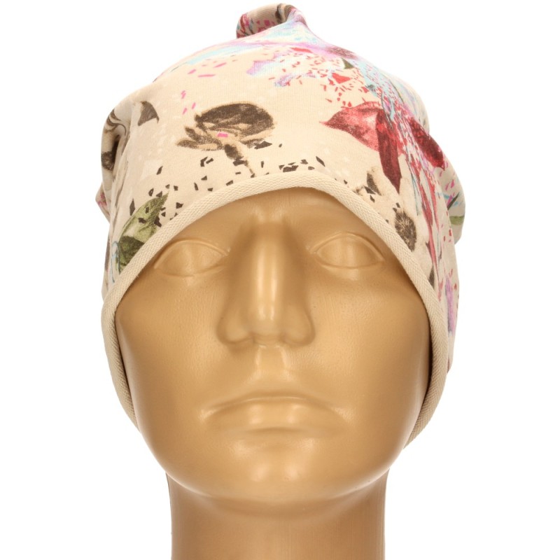 Czapka damska Beanie włoska cienka smerfetka jasnobeżowa w kolorowe kwiaty