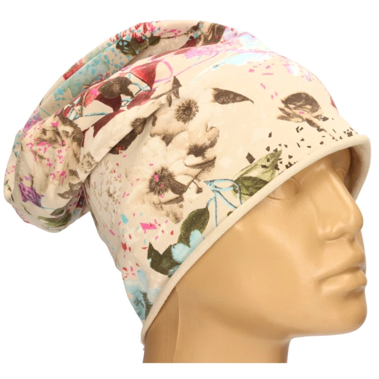 Czapka damska Beanie włoska cienka smerfetka jasnobeżowa w kolorowe kwiaty