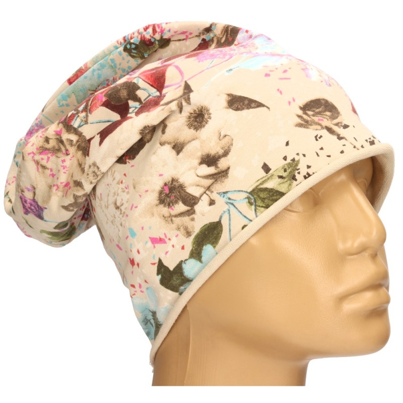 Czapka damska Beanie włoska cienka smerfetka jasnobeżowa w kolorowe kwiaty