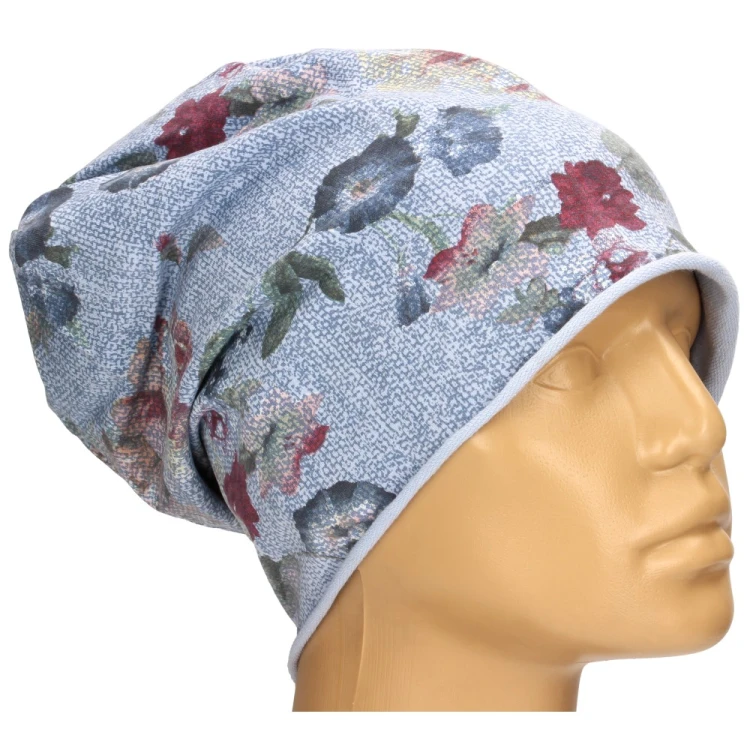 Czapka damska Beanie włoska cienka smerfetka niebieska kwiatowa