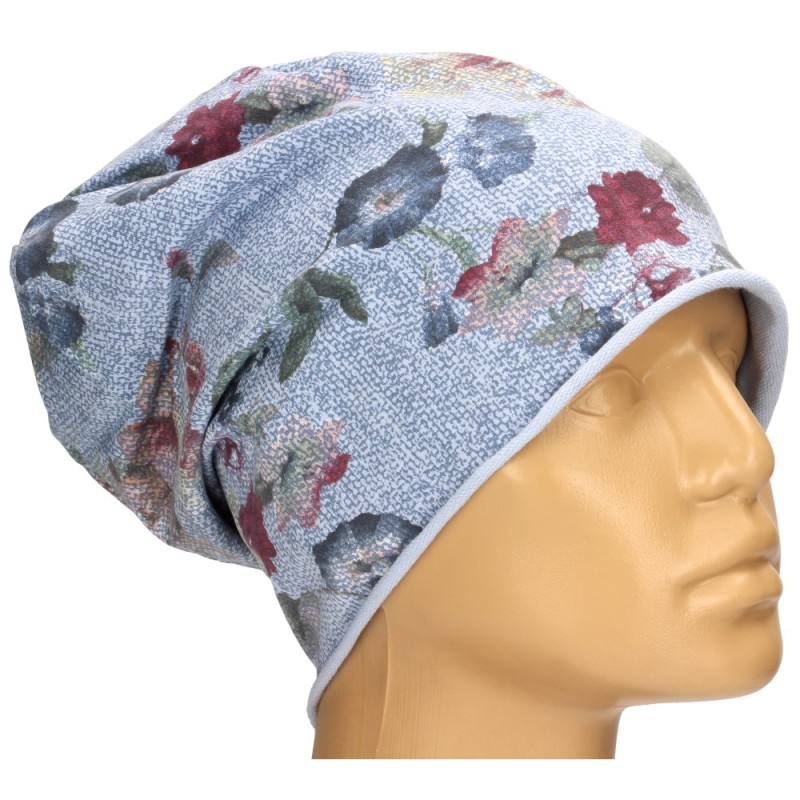 Czapka damska Beanie włoska cienka smerfetka niebieska kwiatowa