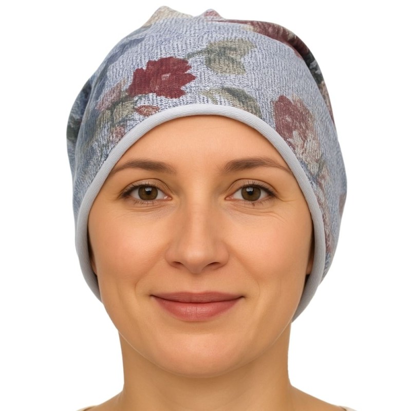 Czapka damska Beanie włoska cienka smerfetka niebieska kwiatowa