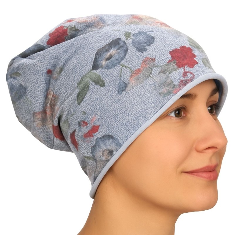 Czapka damska Beanie włoska cienka smerfetka niebieska kwiatowa