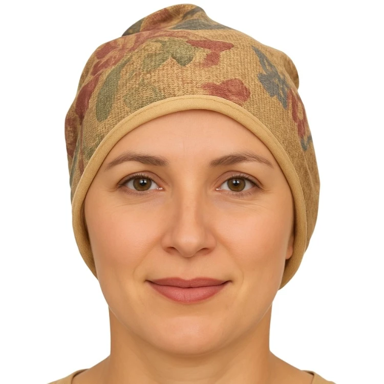 Czapka damska Beanie włoska cienka smerfetka ciemnobeżowa kwiatowa