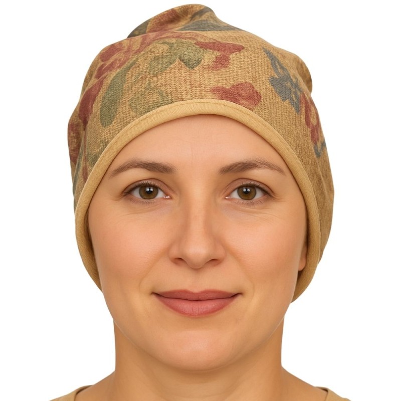 Czapka damska Beanie włoska cienka smerfetka ciemnobeżowa kwiatowa