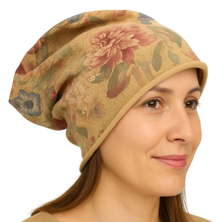 Czapka damska Beanie włoska cienka smerfetka ciemnobeżowa kwiatowa