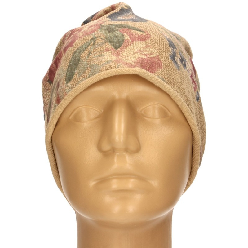 Czapka damska Beanie włoska cienka smerfetka ciemnobeżowa kwiatowa