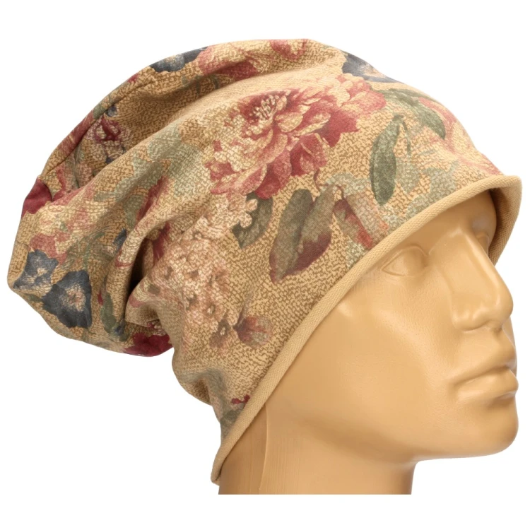 Czapka damska Beanie włoska cienka smerfetka ciemnobeżowa kwiatowa