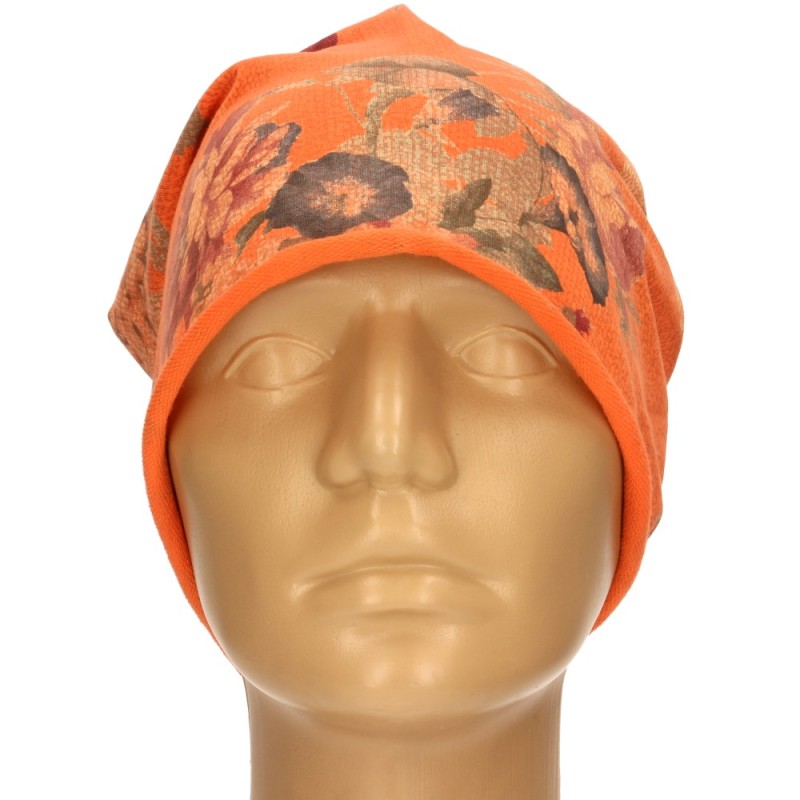 Czapka damska Beanie włoska cienka smerfetka pomarańczowa kwiatowa