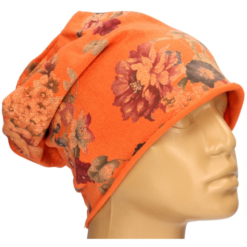 Czapka damska Beanie włoska cienka smerfetka pomarańczowa kwiatowa