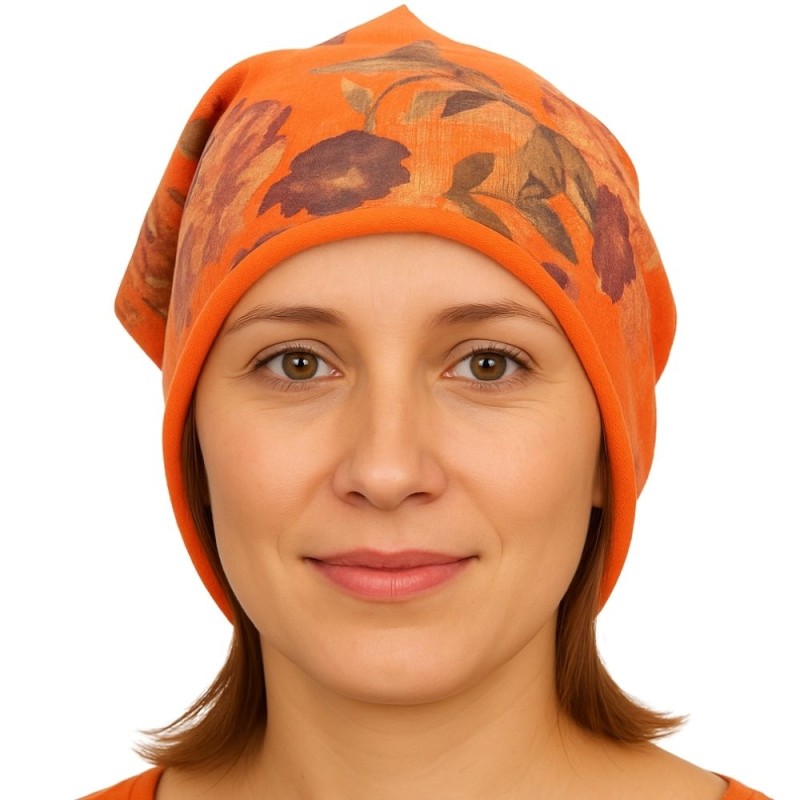 Czapka damska Beanie włoska cienka smerfetka pomarańczowa kwiatowa