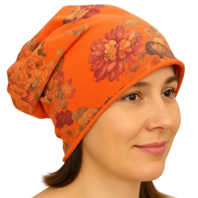 Czapka damska Beanie włoska cienka smerfetka pomarańczowa kwiatowa