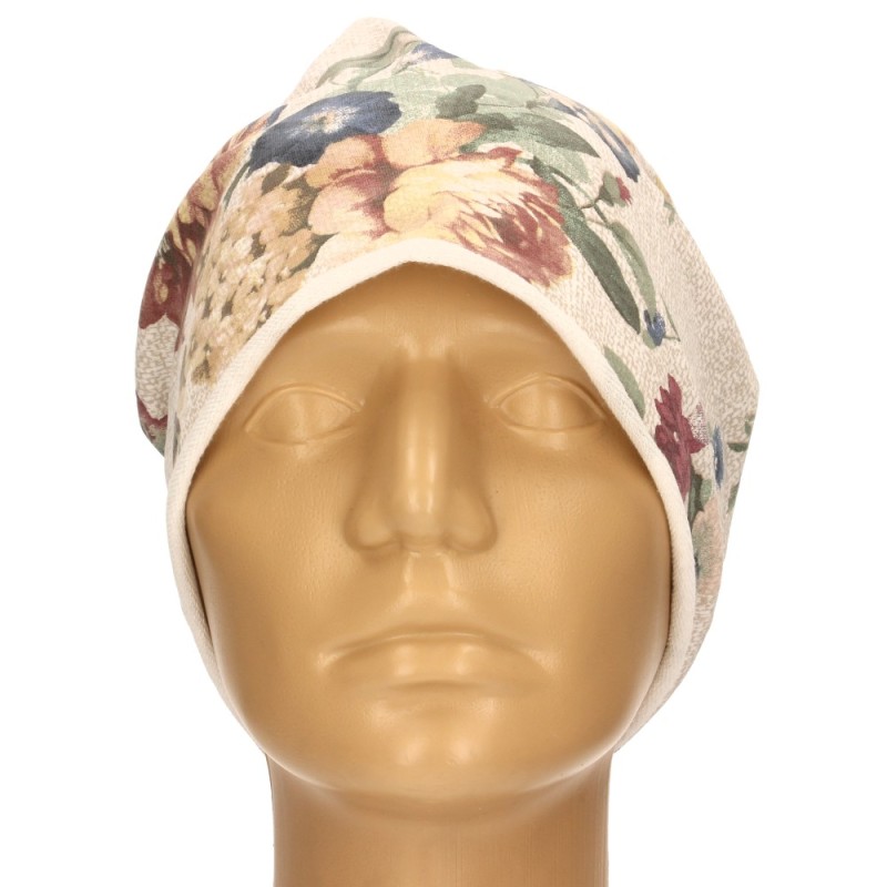 Czapka damska Beanie włoska cienka smerfetka kremowa kwiatowa
