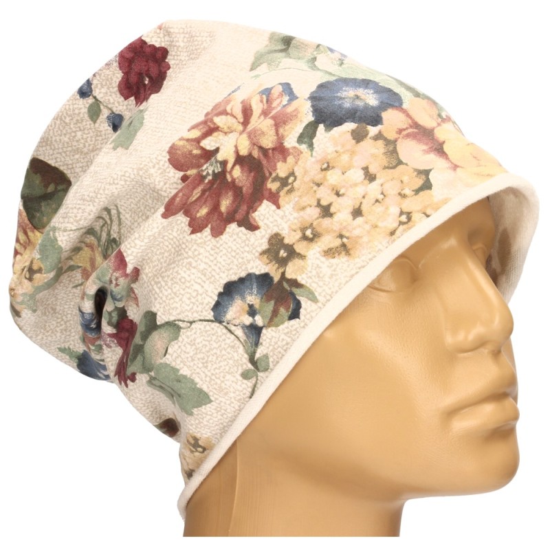 Czapka damska Beanie włoska cienka smerfetka kremowa kwiatowa