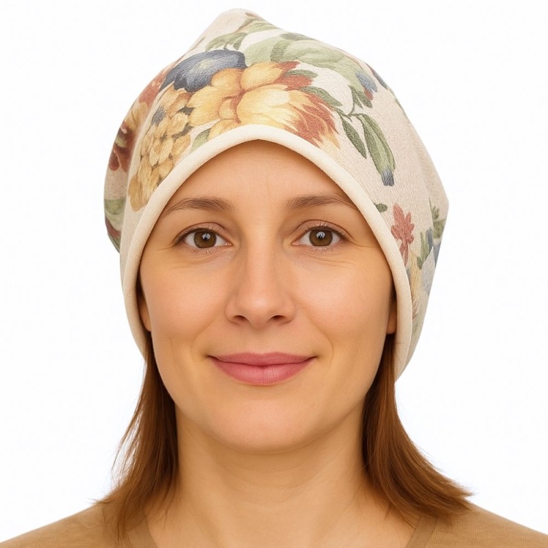 Czapka damska Beanie włoska cienka smerfetka kremowa kwiatowa