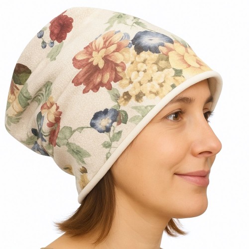 Czapka damska Beanie włoska cienka smerfetka kremowa kwiatowa