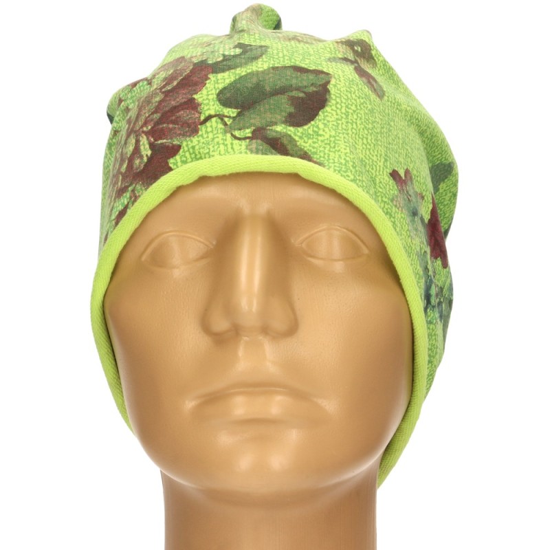 Czapka damska Beanie włoska cienka smerfetka jasnozielona kwiatowa