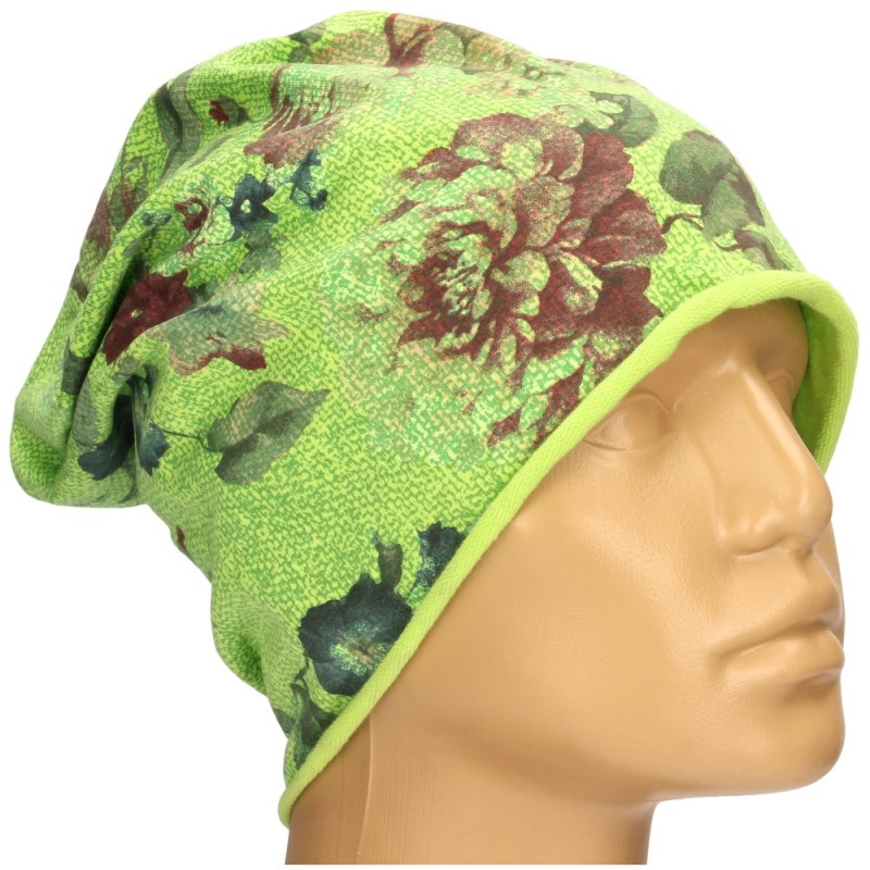 Czapka damska Beanie włoska cienka smerfetka jasnozielona kwiatowa