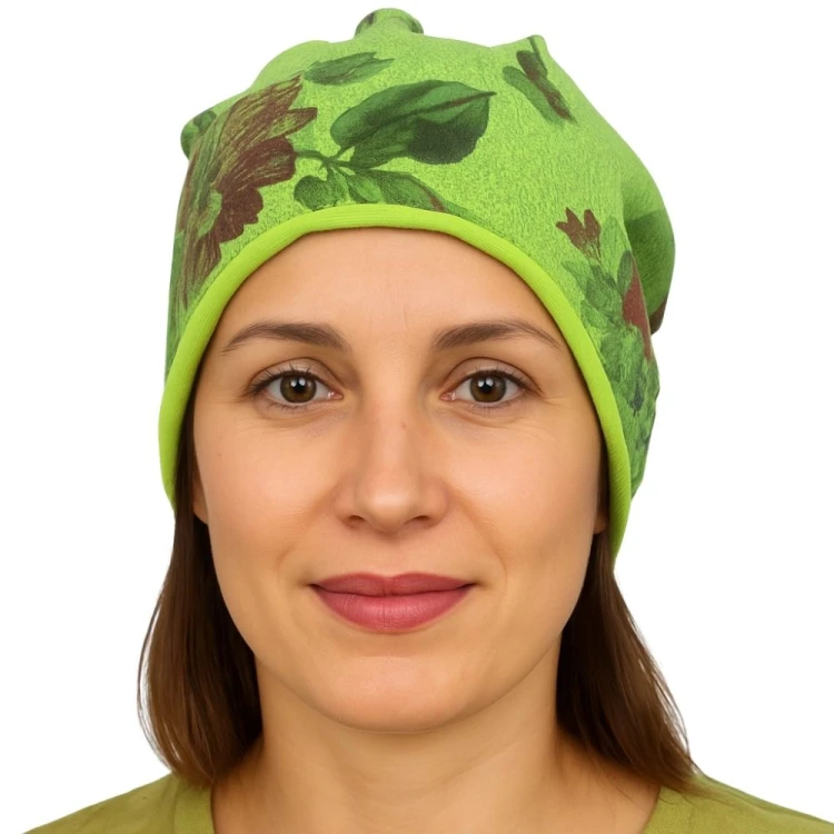 Czapka damska Beanie włoska cienka smerfetka jasnozielona kwiatowa