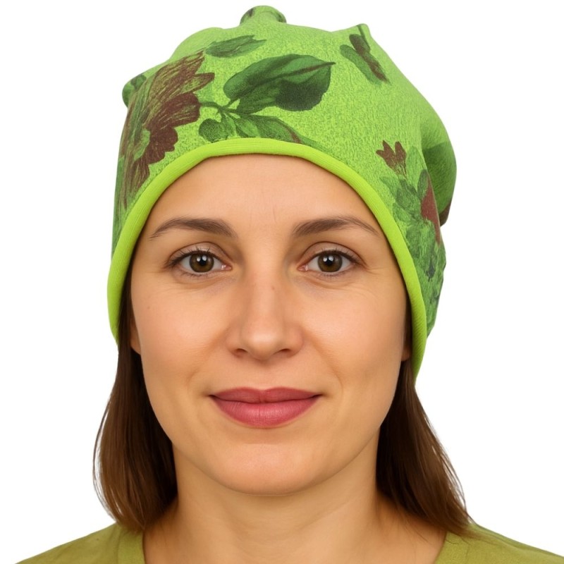 Czapka damska Beanie włoska cienka smerfetka jasnozielona kwiatowa