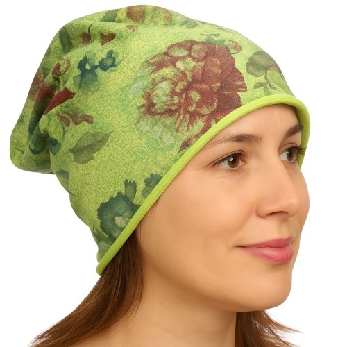Czapka damska Beanie włoska cienka smerfetka jasnozielona kwiatowa