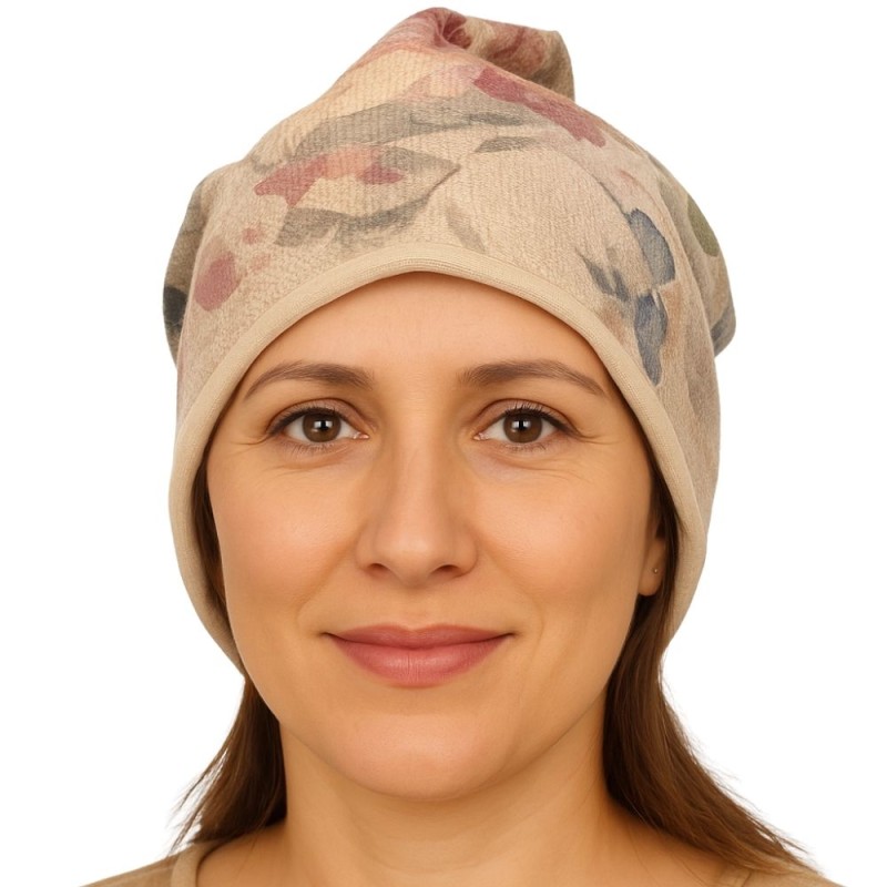 Czapka damska Beanie włoska cienka smerfetka beżowa kwiatowa