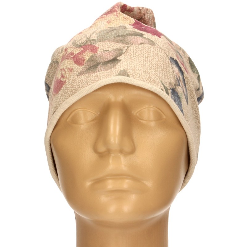 Czapka damska Beanie włoska cienka smerfetka beżowa kwiatowa