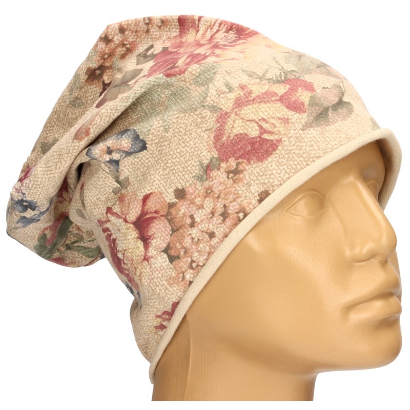 Czapka damska Beanie włoska cienka smerfetka beżowa kwiatowa