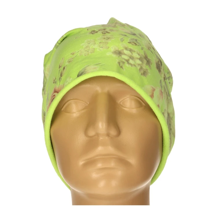 Czapka damska Beanie włoska cienka smerfetka jasnozielona w kwiaty