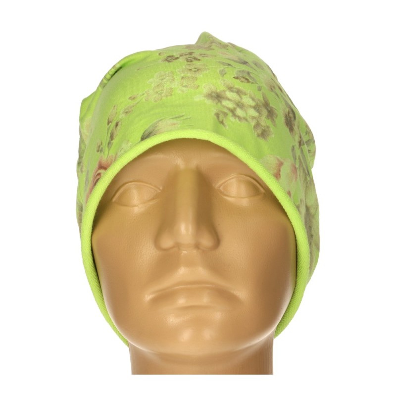 Czapka damska Beanie włoska cienka smerfetka jasnozielona w kwiaty