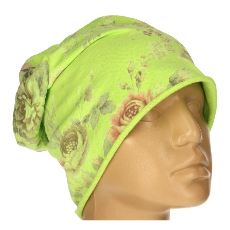 Czapka damska Beanie włoska cienka smerfetka jasnozielona w kwiaty