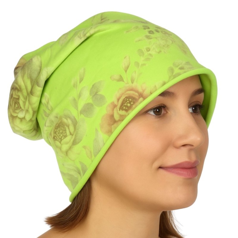 Czapka damska Beanie włoska cienka smerfetka jasnozielona w kwiaty
