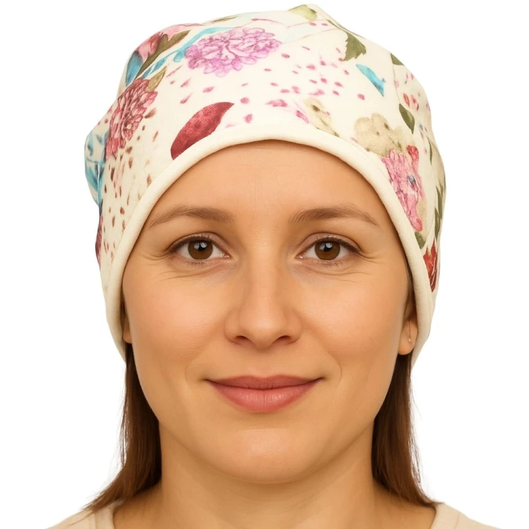 Czapka damska Beanie włoska cienka smerfetka biała w kolorowe kwiaty
