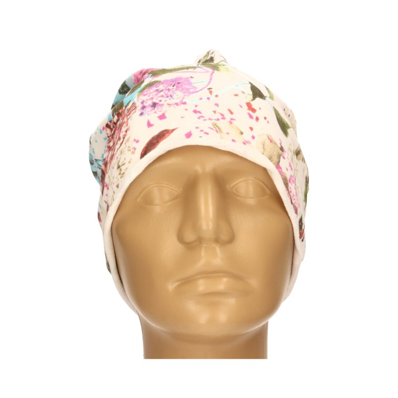 Czapka damska Beanie włoska cienka smerfetka biała w kolorowe kwiaty