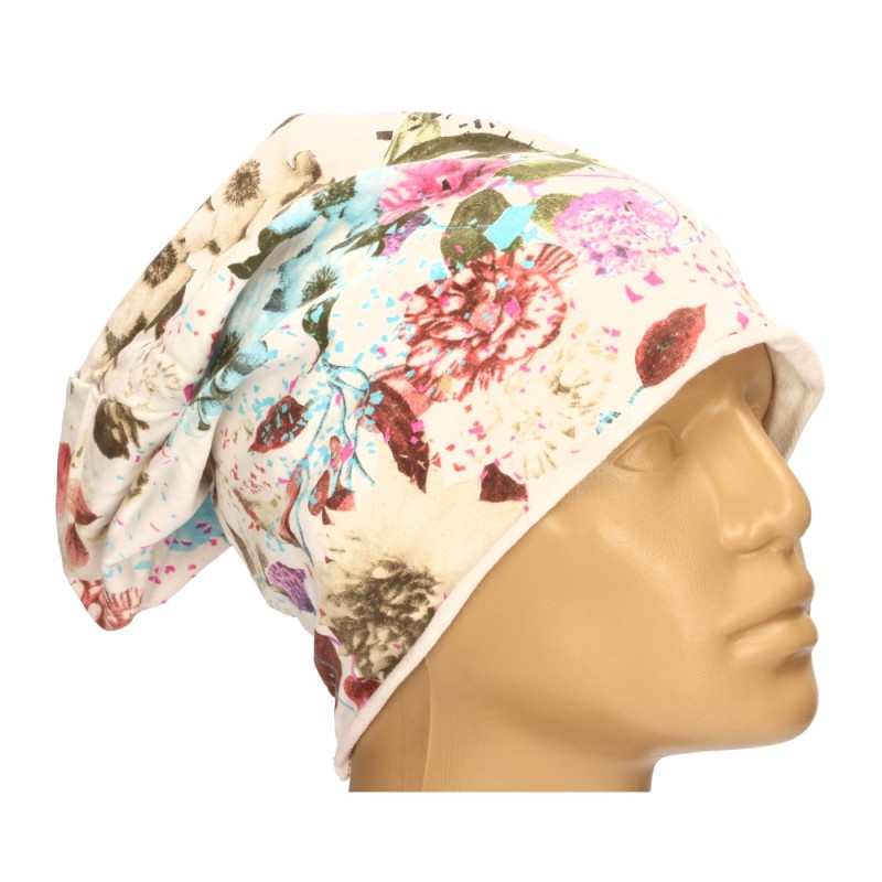 Czapka damska Beanie włoska cienka smerfetka biała w kolorowe kwiaty
