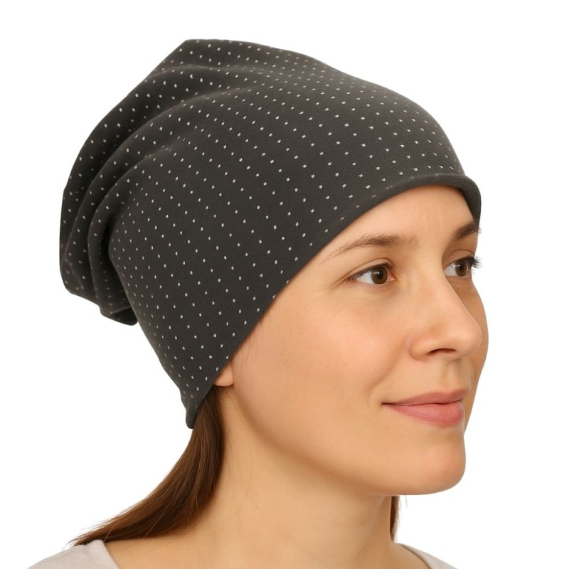 Czapka damska Beanie włoska cienka smerfetka ciemnoszara w kropeczki