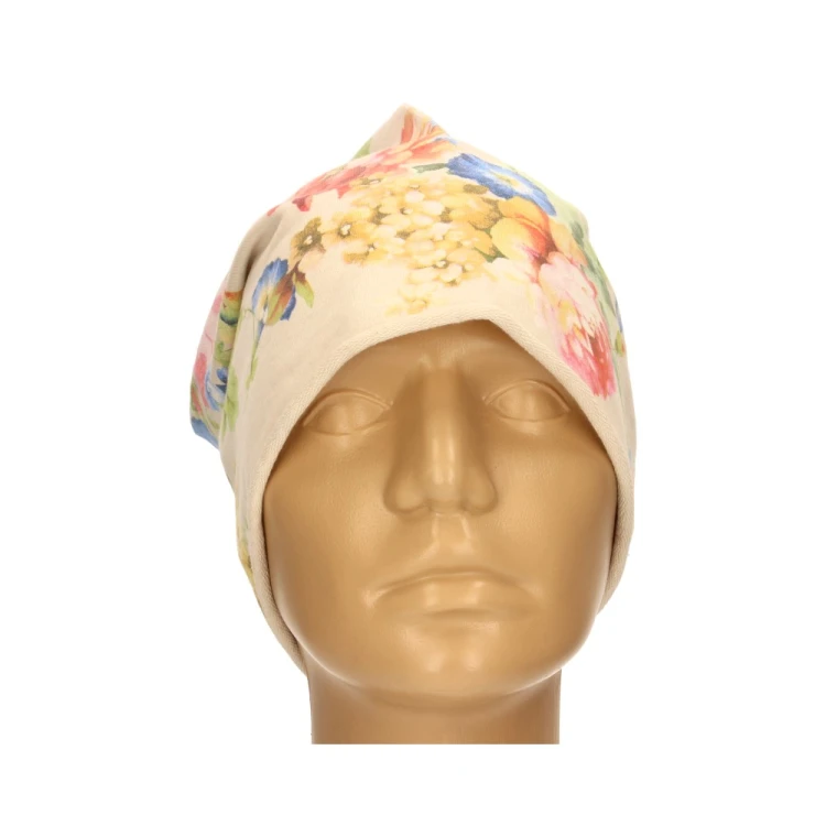 Czapka damska Beanie włoska cienka smerfetka jasnobeżowa w kolorowe kwiaty
