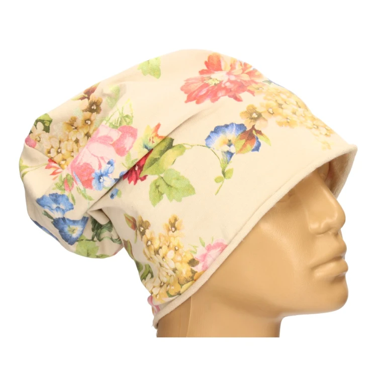 Czapka damska Beanie włoska cienka smerfetka jasnobeżowa w kolorowe kwiaty